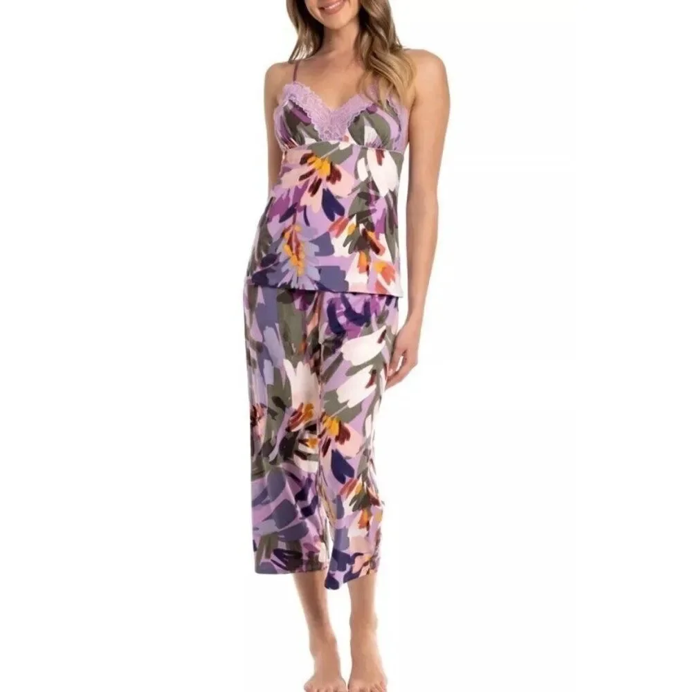 Womens Large XL Cami Top and Cropped Pajama Pants Set 2 Piece NWT Purple Floral - Picture 1 of 8